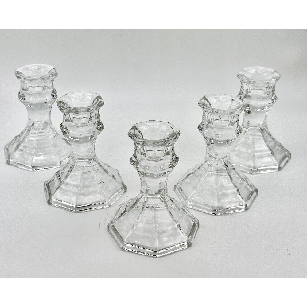 Luminessence Clear Glass‎ Tapered Taper Candle Holders Set of 5 Octagon Base 4"